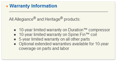 Air Conditioning Allegiance 14 Warranty